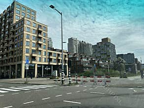 Modern residential district with apartment towers, street intersection