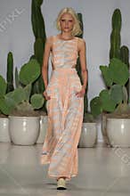 NEW YORK, NY - SEPTEMBER 06: A model walks the runway at the Mara Hoffman Spring-Summer 2015 Collection