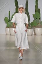 NEW YORK, NY - SEPTEMBER 06: A model walks the runway at the Mara Hoffman Spring-Summer 2015 Collection