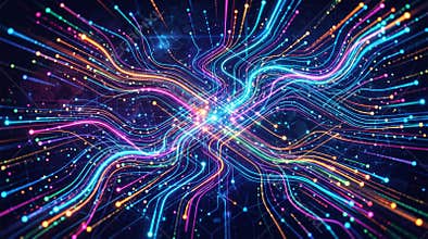 Bright neon lines flow through a dark space representing the rapid transmission of complex digital data in real time