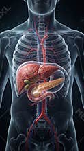 Medical Anatomy Illustration of Human Liver Gallbladder and Pancreas