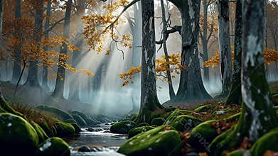 Misty Autumn Forest Stream with Volumetric Sunbeams and Moss Covered Rocks AI Generated Loop