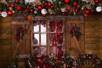 Christmas Decors at Glass Window with Wooden Frame