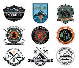 Set of vintage woods camp badges and travel logo and design elements.