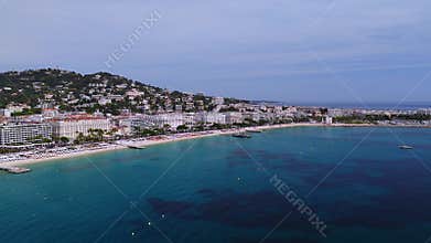 Aerial Cannes coastline with La Croisette, Carlton, and Palais des Festivals