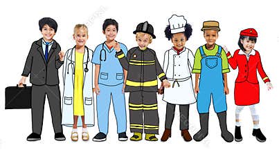 Multiethnic Group of Children with Future Career Uniforms