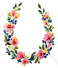 Hand painted watercolor wreath. Flower decoration.
