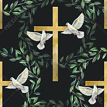 Watercolor hand drawn seamless pattern with golden Christian crosses, white flying doves, and green olive leaf wreaths. A
