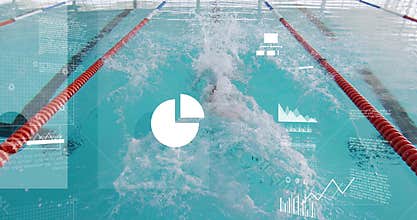 Cutting swimmer in speed suit and cap,goggles through marked lane, with red ropes, splash and data