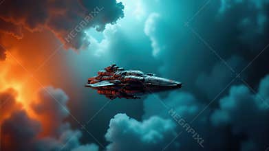 Small model ship sailing through colorful space clouds - the contrast of the