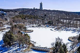 Early Spring Snow - View of the Tower at Jingyuetan National Forest Park, Changchun, China