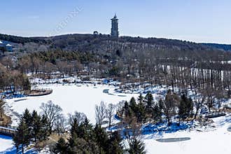 Early Spring Snow - View of the Tower at Jingyuetan National Forest Park, Changchun, China
