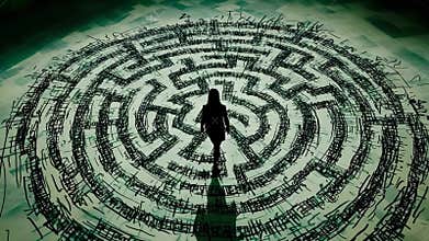 Person navigates a complex maze crafted from their own thoughts in a surreal environment