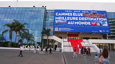 Palais des Festivals in Cannes with red carpet and CANNES letters