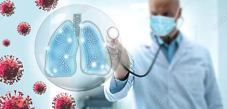 Doctor pulmonologist take care of the human lungs against the backdrop of flying viruses. Pneumonia caused by a