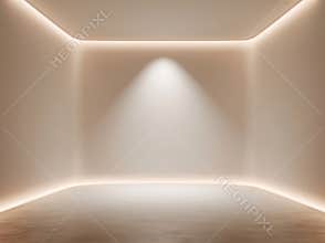 Minimal luxury room with gradual beige-to-white lighting, no frame or borders, center illuminated large translucent object, smooth
