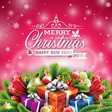 Vector Christmas illustration with typographic design and shiny holiday elements on red background.
