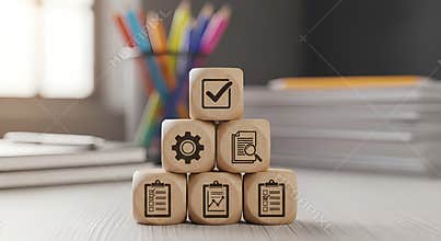 Wooden cubes with business and workflow management icons on a desk in an office setting with books and colored pencils.