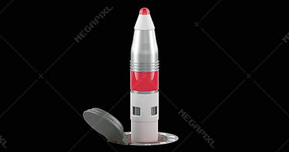 Missile launching from underground silo, rotation animation seamlessly loopable. 3D rendering isolated on transparent background