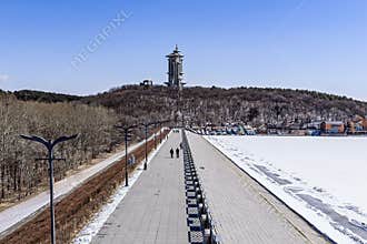 Early Spring Snow - View of the Tower at Jingyuetan National Forest Park, Changchun, China
