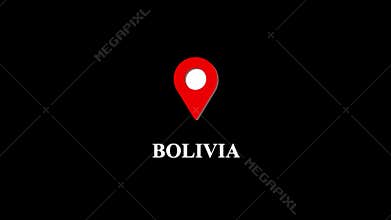 Bolivia map location pin animation, travel destination marker on black background