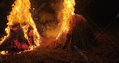 Glowing Fire Embers and Burning Close-Up, Red Hot Flames Dramatic Background