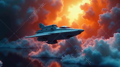 Small model ship sailing through colorful space clouds - the contrast of the