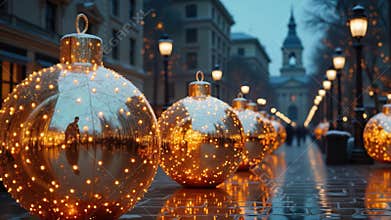 Christmas decorations installed on the main city square, reflecting urban lights