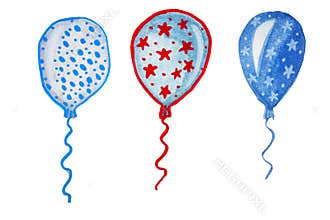 watercolor balloons in blue tones with red accents for creative projects, greeting cards, invitations, branding festive