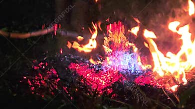 Glowing Fire Embers and Burning Close-Up, Red Hot Flames Dramatic Background