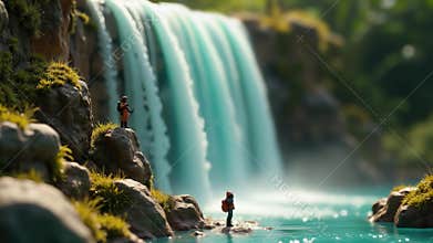 Miniature explorer figurines examining flowing silk ribbon waterfall edge -