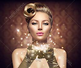 Holiday retro woman with magic stars
