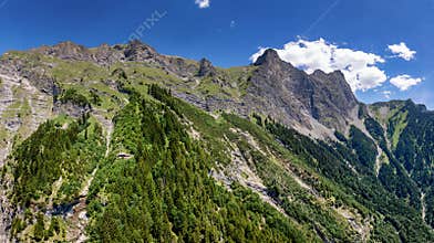 panorama drone view of the mountains above the Swis Heidi village of Maienfeld with the Enderlin mountain hut