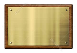 Wood plaque with brass or gold metal plate.