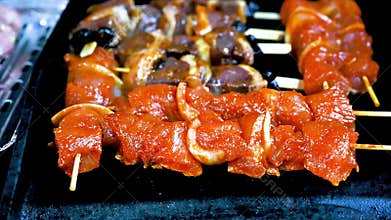 Close-up of Marinated Meat Skewers on Outdoor Grill
