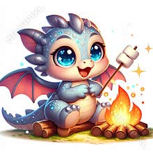 Cute Baby Dragon Roasting Marshmallow by Campfire in Happily