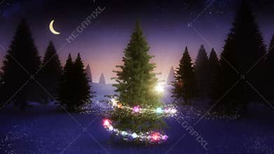 Magic light swirling around snowy christmas tree