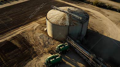 Agricultural silo and industrial farming equipment at sunset