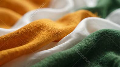 Soft cotton fabric layers display vibrant saffron and green hues alongside pure snowy shades for a rich visual texture