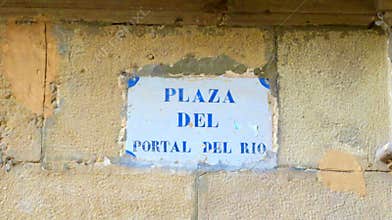 Sign indicating plaza del Portal del Río, Tafalla, Spain