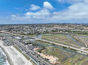 Aerial view of Cardiff by the Sea, beach community in the incorporated city of Encinitas in San Diego County, California