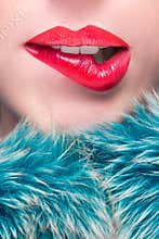 Lips. Beauty Red Lip Makeup Detail.