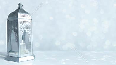 Arabic ornamental lantern with burning candle and glittering silver and blue background with bokeh lights, oopable Ramadan HD foo