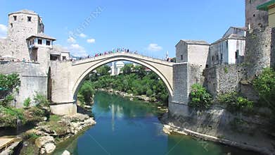 Flying away from bridge in Mostar, Bosnia and Herzegovina