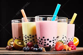 Glasses of refreshing milky boba or bubble tea