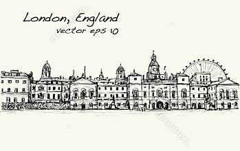 City scape drawing in London, England, show old castle