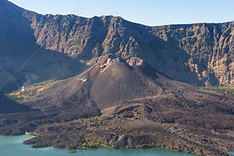 Baby Rinjani volcano mountain in the center of Anak lake, Lombok, Indonesia