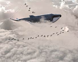 Surreal Flying Whale, Birds, Sky