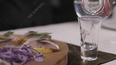 Traditional russian snacks salted herring with vegetables, onion, lemon, yellow lime, bread and shots of vodka.