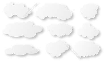 White and gray puffy clouds on white background